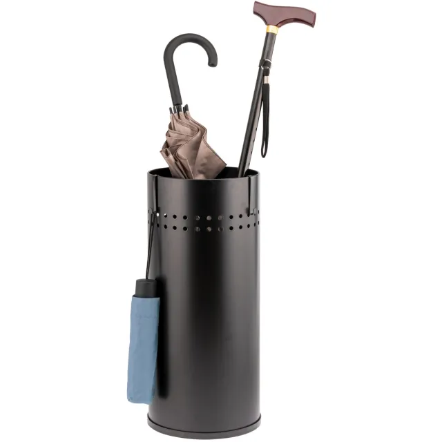 Famanu Paraplubak met lekbak en 2 haken, perfect voor hal, kantoor of studeerkamer, ook geschikt voor wandelstokken of papierrollen, zwart