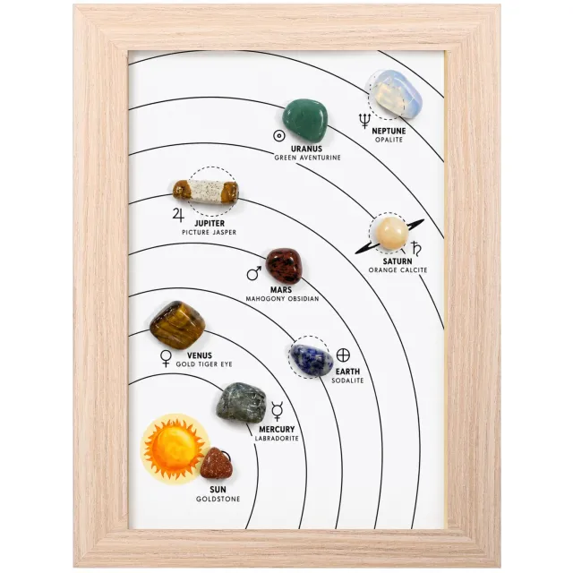 Winkrs Edelstenen Zonnestelsel in Houten Lijst – 15,5 x 20,5 cm – 9 Natuurstenen – Planeten & Edelstenen – Decoratie Planetenstelsel