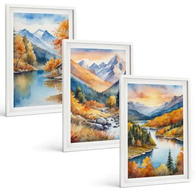TULUP 3-Delige Schilderij Set - Berglandschap met een rivier en herfstbomen - 40x60 - Wanddecoratie - Moderne Interieurdecoratie - Woonkamer Decoratie Witte lijst