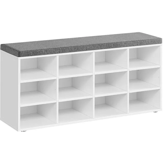 GOTAGEE Schoenenbank Schoenenrek Opbergkast met 12 open vakken en zacht, comfortabel kussen Max. belasting 200 kg Geschikt voor hal en slaapkamer 30.3 x 104 x 48 cm Wit