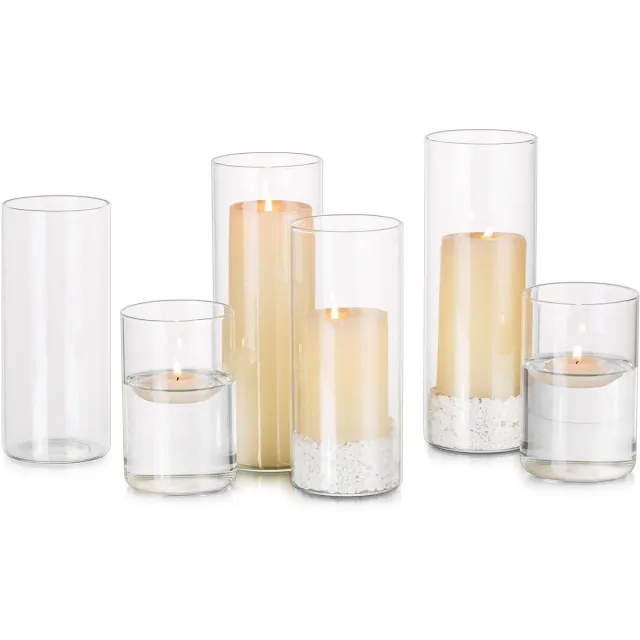 Provento Set van 6 kaarshouders voor waxinelichtjes, drijvend en als orkaan glazen kaarshouders voor bruiloft en centrepiece, inclusief bloemvazen voor decoratie van woonkamer eettafel Any