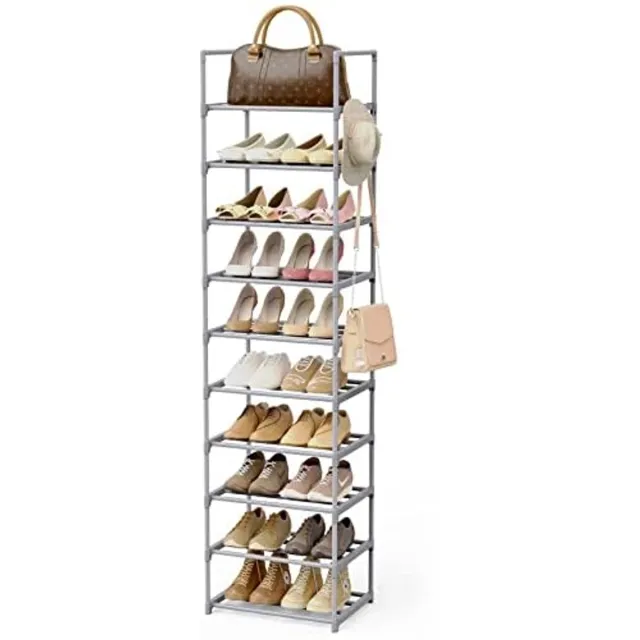 Unyqoos ® Slim en Hoog Metalen Schoenenrek met 10 Verstelbare Niveaus voor Optimale Ruimtebesparing bruin