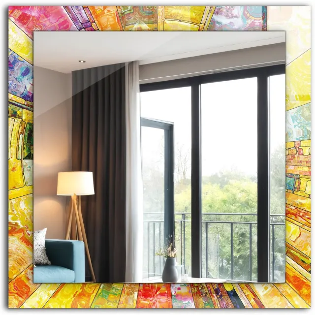 TULUP Spiegel - Vierkante Spiegel - Spiegel op gehard Glas - Kleurrijke abstracte mozaïek - 60 x 60 cm - Spiegel met decoratief motief - Slaapkamerspiegel - Badkamerspiegel - Gang - Kleedkamer - Scheerspiegel - Wanddecoratie Spiegel - Montageset