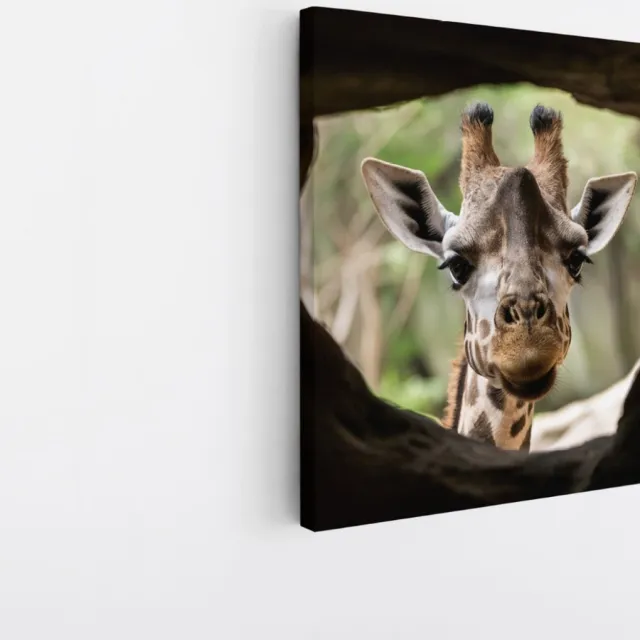Saammp Canvas Schilderij - Glurende Giraffe - Doorkijk - Dieren - 30x30 - Foto op canvas - Wanddecoratie - Muurdecoratie Woonkamer - Slaapkamer decoratie - Canvas Print Multicolor