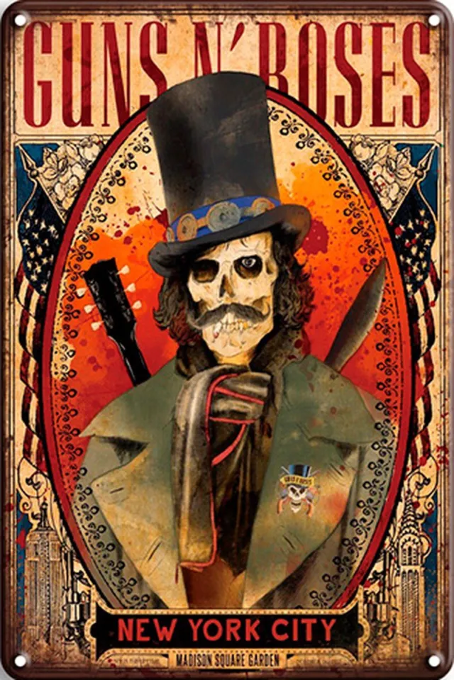 Signs-USA Concert Sign - metaal - Guns n Roses Skull Hat - 30 x 40 cm Multi-coloured