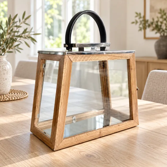 Hoppa! Trapeziumvormige lantaarn met draagbeugel - Naturel/Chroom - 18 x 40 x 43 cm (B x D x H)