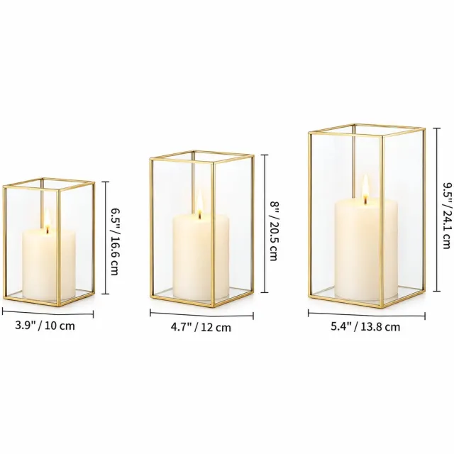 R H R&H® Hurricane Kaarsenhouder Glas Set van 3 - Decoratieve Kaarsenlantaarns met Goud Metalen Frame voor Pilaarkaarsen - Gehard Glas - Voor Bruiloft, Kerst, Halloween en Woonkamer