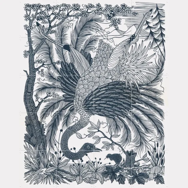 IXXI Ostrich, Geertje Aalders - 80 x 100 cm - Grote wanddecoratie en posters - Illustraties, Houtsnede, Line art, Woonkamer, Botanisch, Vogels Monochroom / Zwart en wit / Zwart
