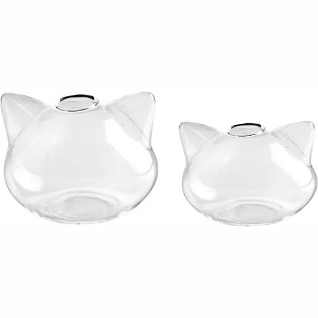Bonne et plus Set van 2 glazen vaasjes in de vorm van kattenkopjes/poezenhoofdjes - Glazen vaas vaas glas vaasje klein glas transparant Doorzichtig glas