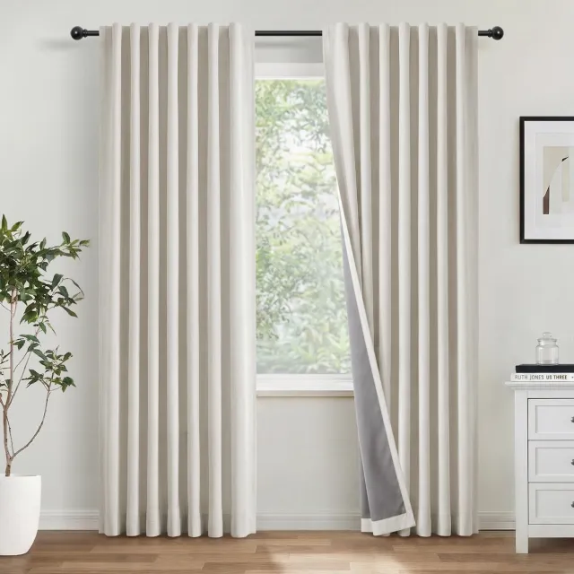 Famanu 100% verduisterende gordijnen, set van 2, linnenlook thermische gordijnen, beige, 245 x 140 cm, voor optimale verduistering en energie-efficiëntie