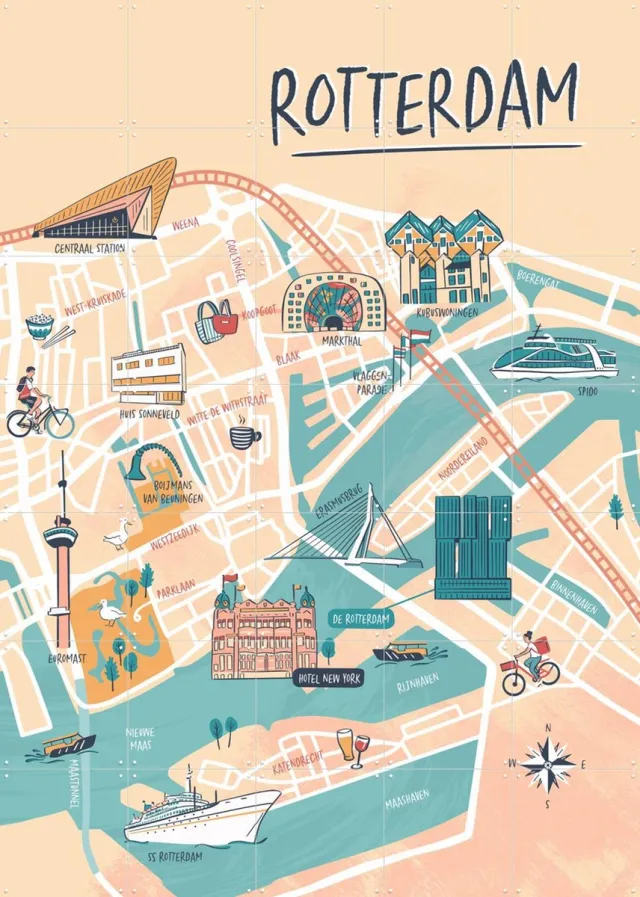 IXXI Rotterdam Illustration, Revista Ontwerp & Kunst in Kaart - 100 x 140 cm - Grote wanddecoratie en posters - Speels, Illustraties, Digitale Kunst Lichte tinten / Beige