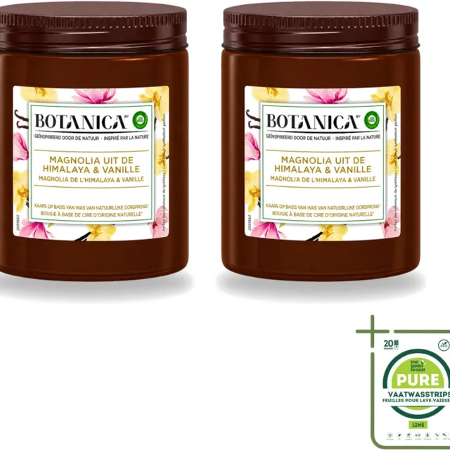 Air Wick 2 x Botanica by Air Wick - Geurkaars - Vanille & Magnolia - 40 Uur Brandduur - Grootverpakking - Vaatwasstrips - Geurkaars - Vanille En Magnolia - Natuurlijke Geur - Luxe Geur - Ontspanning Bruin