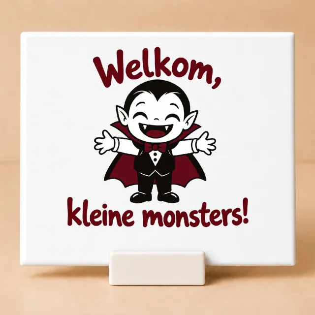 Bedruk King Stijlvolle Halloween “Welkom, kleine monsters!” Tegel – Sfeervolle voordeurdecoratie voor griezelfans - 15 x 15 cm met houder Wit