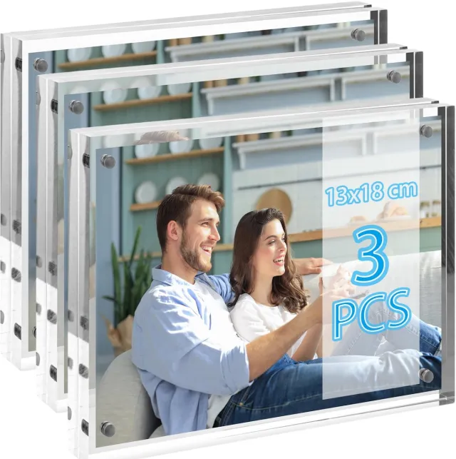 Unyqoos Set van 3 magnetische transparante fotolijsten met dubbelzijdig acryl ontwerp