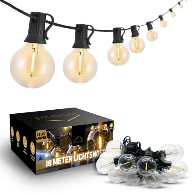 Homezie Lichtsnoer | 18 meter met 32 kunststof LED bulbs | Warm wit | IP44 Spatwaterdicht | Koppelbaar & Dimbaar | Tuinverlichting | Prikkabel