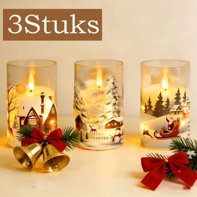 Meedeer XL LED Kaarsen Set-Elektrische Kaars-Met dimfunctie en timer-Nep Kaarsen met Vlam-Sneeuwpop-kerstman-Huis 3 soorten patronen voor Kerst Woonkamer Bruiloft Warm wit