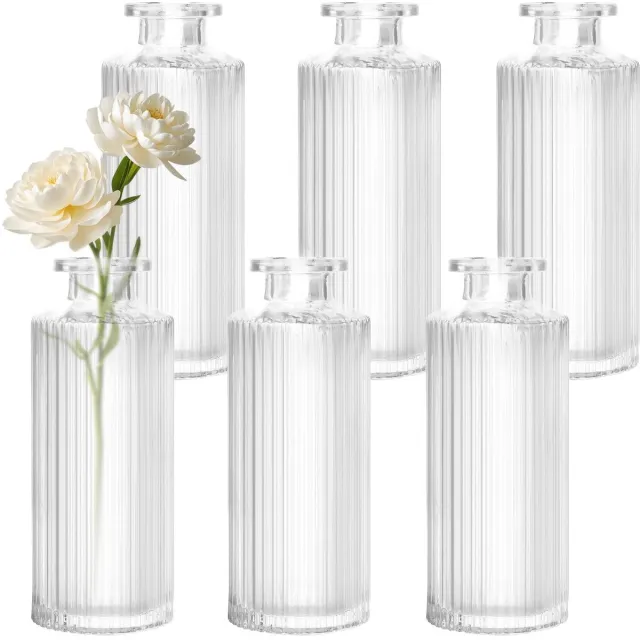 Famanu Set van 6 kleine glazen vazen, vintage bloemenvazen van 13 cm hoog voor tafeldecoratie en speciale gelegenheden Zwart