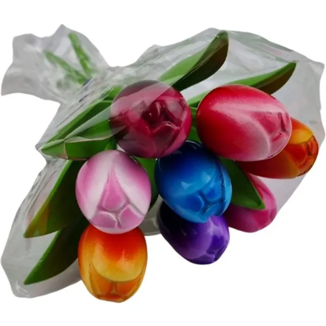 TRAA Boeketje houten tulpen - mix van kleuren - 20cm hoogte Groen