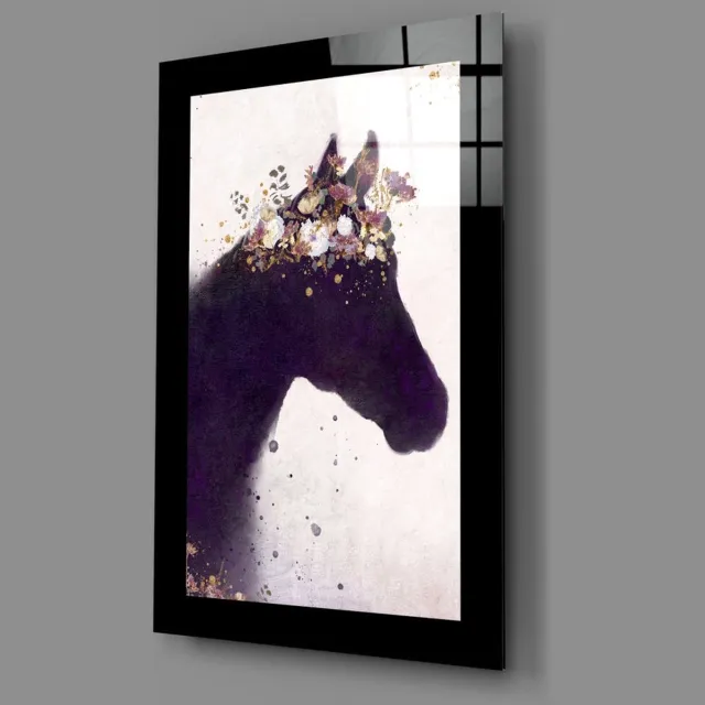 Insigne Art Glasschilderij – Paard met Gouden Bloemenkroon – Decoratieve Kunst aan de Muur