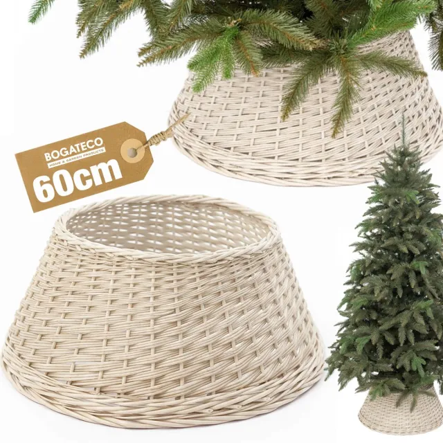 BOGATECO rieten mand voor de kerstboom 60 cm diameter | Kerstboomrok van wilgenhout | Kerstboommand | Naturelkleurige kerstboomstandaard van wilgenhout | Handgemaakt | Wit