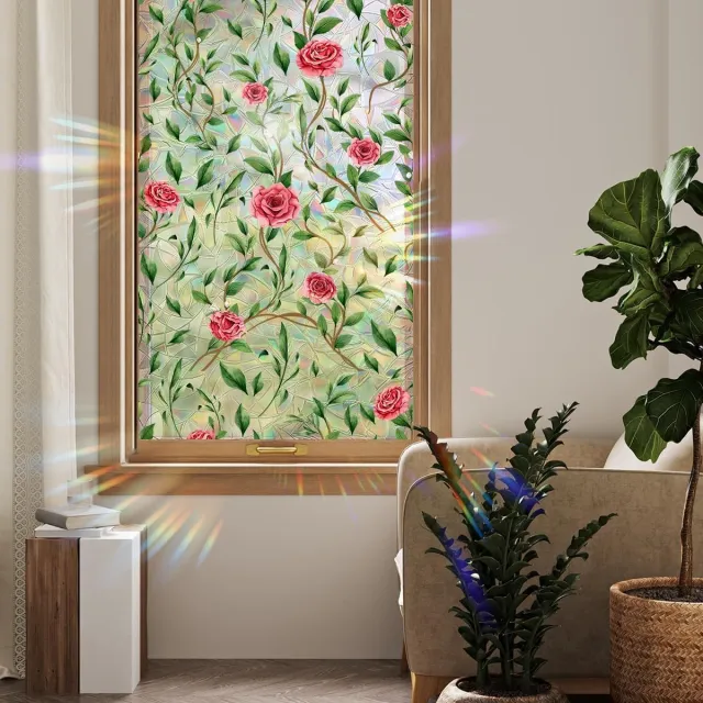 Cyslmuk 45x200cm Raamfolie Decoratieve - bloem raam privacyfolie - Groene wijnrank roos Dubbelzijdige statische glas raamstickers voor thuis, kantoor, woonkamer, slaapkamer, glazen, raam 45x200cm - Groene wijnrank roos