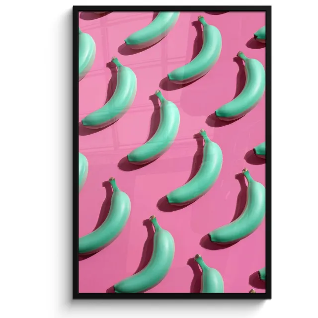 FrameYourWall Poster in lijst - Fotolijst 80x120 cm - Posters - Bananen - Patroon - Blauw - Roze - Posterlijst zwart - Decoratie - Wanddecoratie woonkamer - Muurdecoratie slaapkamer