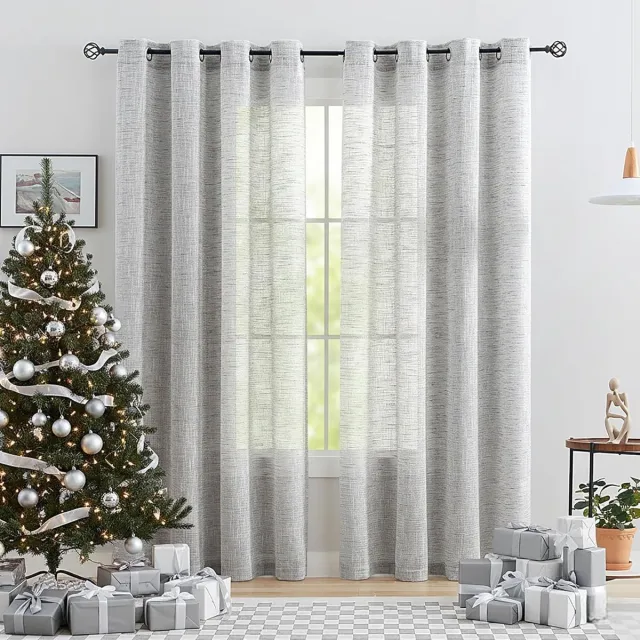 Unyqoos Transparante gordijnen set van twee met linnenstructuur voor woonkamer en slaapkamer 136 x 225 cm grijs