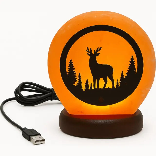 Pink Gold Himalayazout - Zoutlamp - Tafellamp - 3D (Xmas Deer) met 75cm snoer en USB - 8x12x10cm - 0.8kg Roze