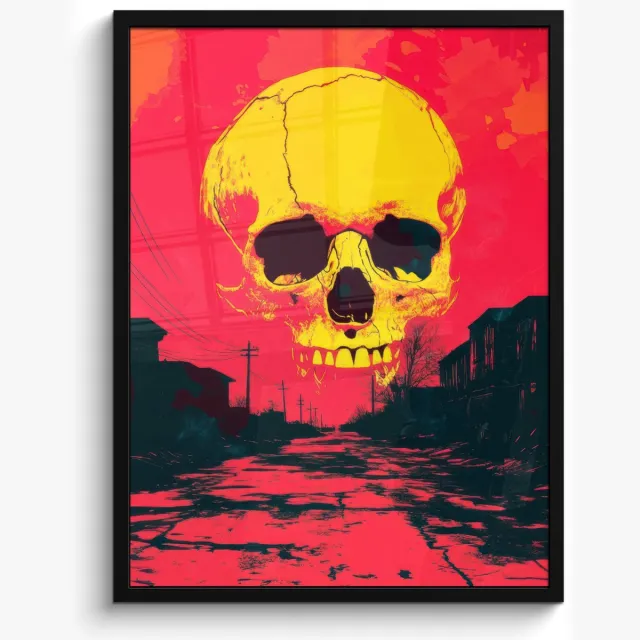 FrameYourWall Poster in lijst - Fotolijst 60x80 cm - Posters - Straat - Verlaten - Schedel - Geel - Posterlijst zwart - Decoratie - Wanddecoratie woonkamer - Muurdecoratie slaapkamer Schedel - Straat