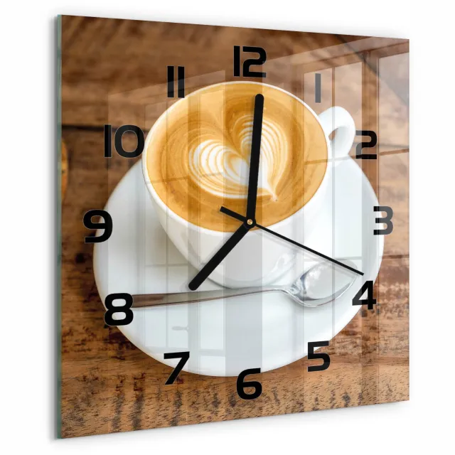 TULUP Wandklok - Koffie in een kopje Decoratieve Glazen Klok - 30x30 cm - Bruin Glazen Wandklok Design - Zwarte handen - Vierkante Klok - Glazen Klok Met Print - Wandklok Glas Met Motief
