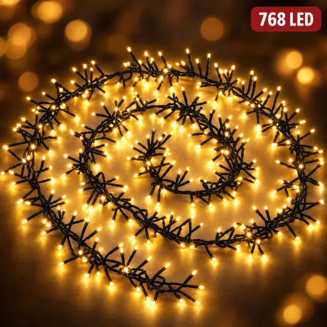 Cheqo Clusterverlichting 768 LED - 9,9 Meter - Extra Warm Wit - Kerstlampjes - Kerstverlichting voor Binnen en Buiten - Kerstboomverlichting - Sfeerverlichting - 8 Lichtfuncties met Geheugen - Timer - Feestverlichting - Lichtsnoer - IP44