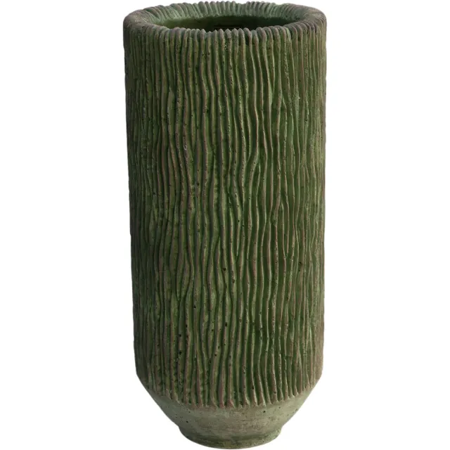PTMD Jacyln Moss Green Cement Vase Round High Stripes Groen