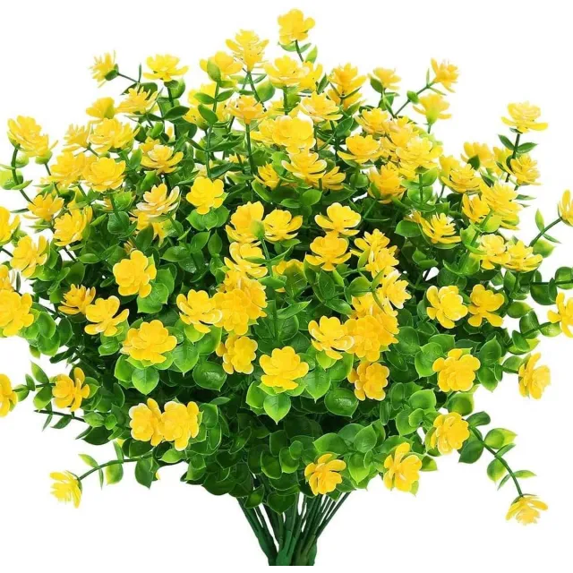 Gotrays 8 stuks Kunstbloemen openlucht UV-bestendige Buxusplanten, struiken, groen synthetisch plastiek binnen en openlucht die voor huis, bureau, huwelijk, boerderij, gele decoratie hangen