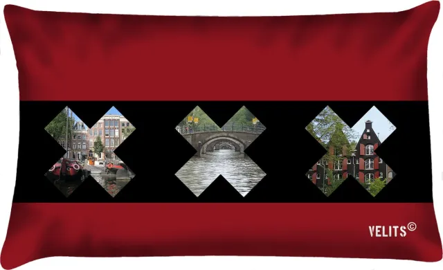 Velits outdoor Sierkussen - Buitenkussen Amsterdam Drie Kruizen Grachten Dutchies Waterafstotend Gemeentewapen rood