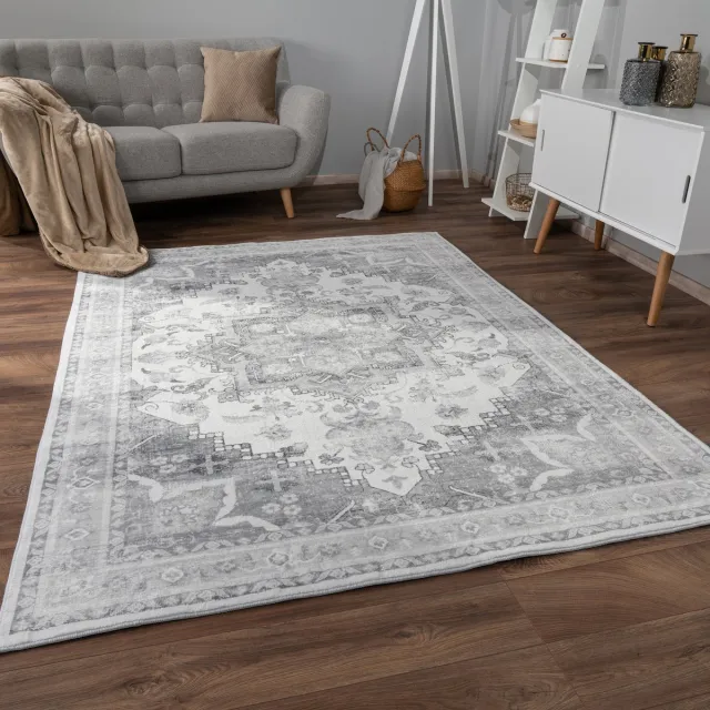 flycarpets Cameris Vintage Vloerkleed Grijs - Wasbaar Tapijt - Laagpolig