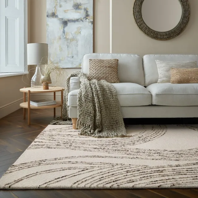 flycarpets Abstract Swirl Modern Laagpolig - 100% Wol Vloerkleed - Naturel / Bruin / Beige - 120x170 cm