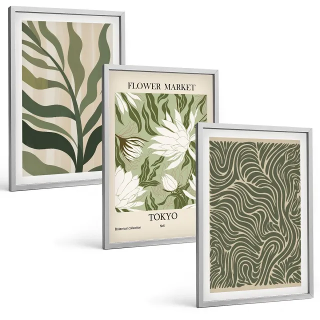 TULUP 4-Delige Schilderij Set - Plantenpatronen, botanische decoraties, boho-stijl - 40 x 60 cm - Muurdecoratie - Wanddecoratie - Slaapkamer - Decoratieve Schilderijen Zilveren lijst