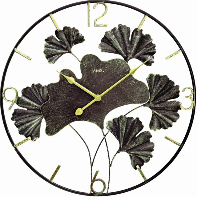 AMS W9704 - Wandklok - Analoog - Quartz uurwerk - Rond - Metaal - Ginkgo bladeren - Cijfers - Strepen - Zwart - DonkerGroen - Goudkleurig - D 50 x 4 cm