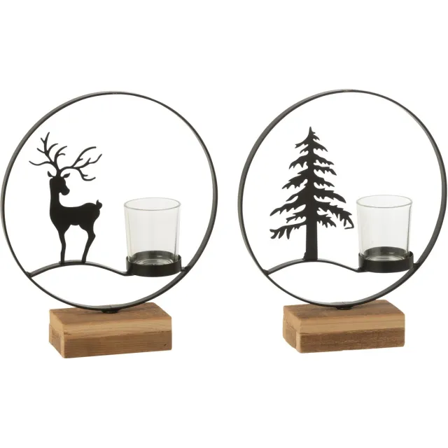 J-Line theelichthouder Rond - hout - zwart/naturel - 2 stuks