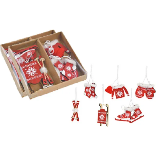 G. Wurm 12x stuks houten kersthangers rood/wit wintersport thema kerstboomversiering - Kerstversiering kerstornamenten