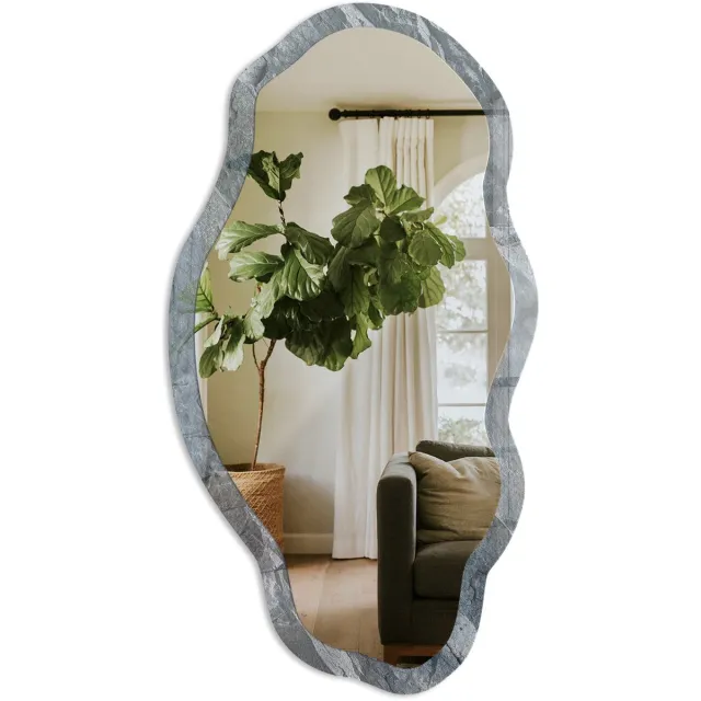 TULUP Rotsstructuur Spiegel - Grijs Strakke Rechthoekige Spiegel - Organische Spiegel - Badkamer, Woonkamer, Kantoor - Minimalistisch - 45x90 cm - Totale afmeting 52x97 cm Rotsstructuur, Grijs