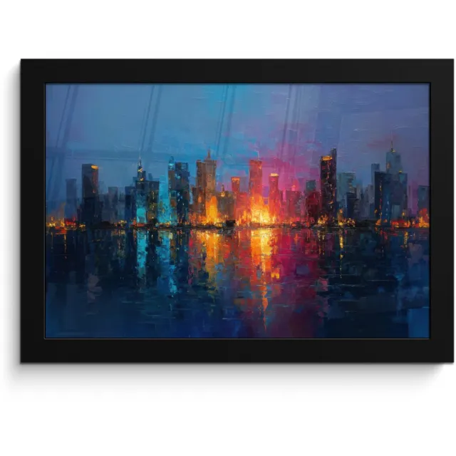 FrameYourWall Poster in lijst - Fotolijst 30x20 cm - Posters - Skyline - Penseelstreken - Donkerblauw - Lichtgevend - Posterlijst zwart - Decoratie - Wanddecoratie woonkamer - Muurdecoratie slaapkamer