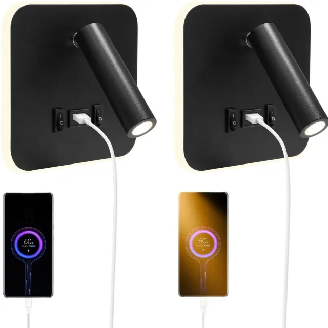 emvae Nachtlamp - Set van 2 LED Wandlampen met Leeslamp - Telefoonoplader - USB Oplaadpoort - 3000K Warm Wit - Zwart