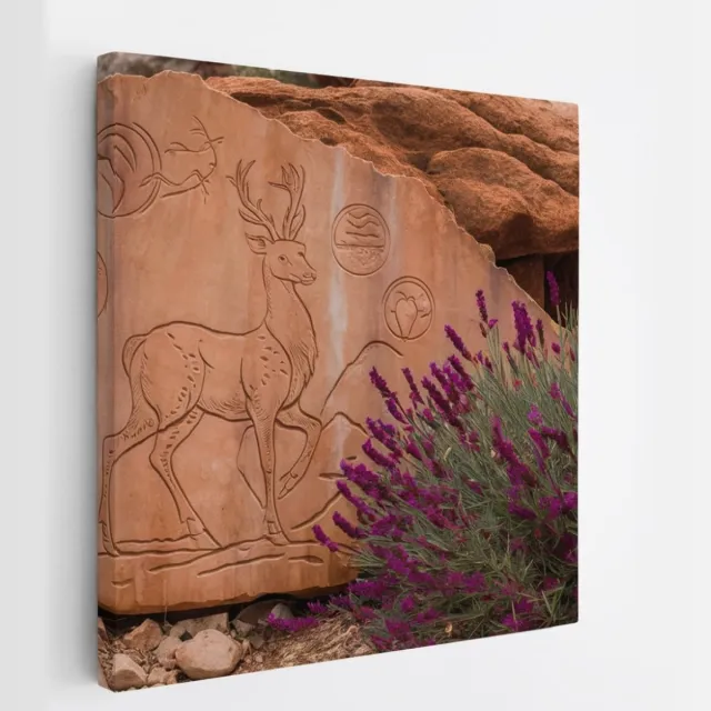 Saammp Canvas Schilderij - Lavendel naast Paleolithische kunst - Landschap - Natuur - 30x30 - Foto op canvas - Wanddecoratie - Muurdecoratie Woonkamer - Slaapkamer decoratie - Canvas Print Multicolor