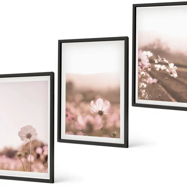 Coloray 3-Delige Schilderij Set - Wilde Bloemen In De Weiden In Een Romantisch Zomerlandschap - 40 x 60 cm - Decoratieve Muurdecoratie - Slaapkamer - Moderne Wanddecoratie Zwarte lijst