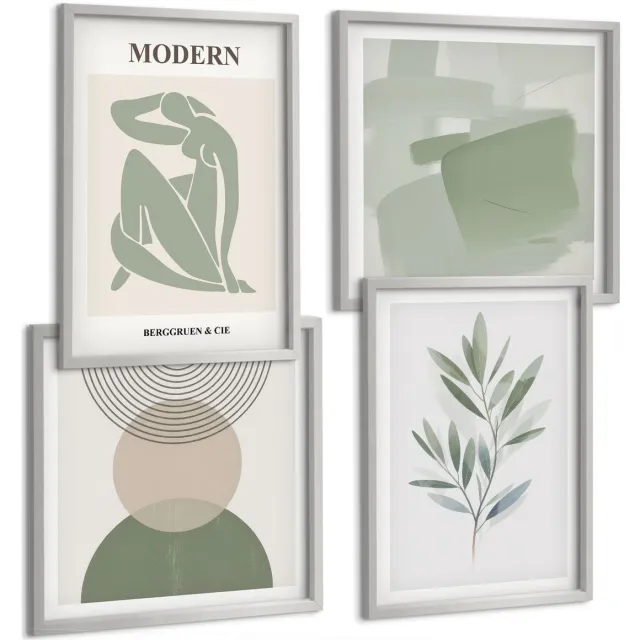 TULUP 4-Delige Schilderij Set - Stijlvolle afbeeldingen met abstracte vormen en planten. - 40 x 40 cm en 40 x 60 cm - Moderne Wanddecoratie - Woonkamer Zilveren lijst