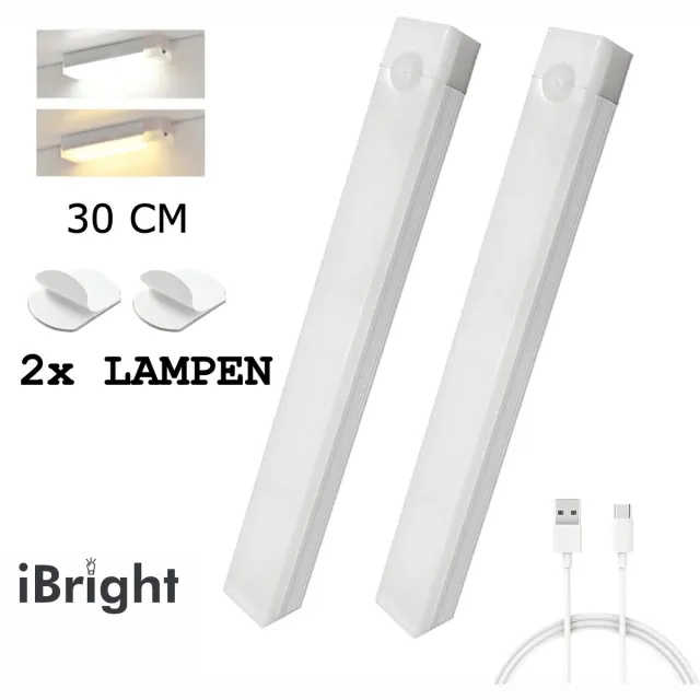 iBright Led Lamp met Bewegingssensor - 30 CM - Set van 2 - Oplaadbaar via USB - Magnetisch & Zelfklevend - Draadloos - USB Oplaadbaar - LED Sensor lamp - Kastverlichting - Keukenverlichting Onderbouw Led- Nachtlampje Wit