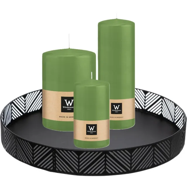 Wiedemann Cilinderkaarsen - stompkaarsen set - op zwart dienblad van metaal - 3x stuks - groen - 6 x 12 - 10x15 - 7x20 cm Lichtgroen