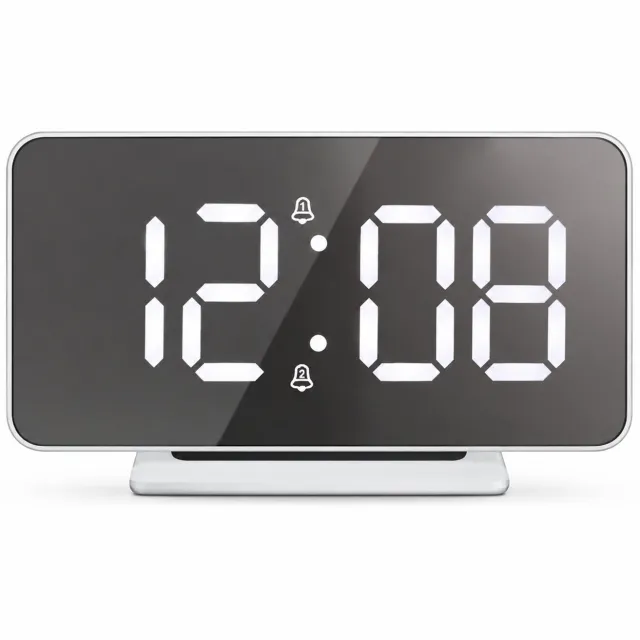 SWGOTA wekker met digitaal LED-display - instelbare helderheid - zilverkleurig spiegeloppervlak, witte behuizing en tafelvoet - 15,1 × 1,3 × 7,5 cm