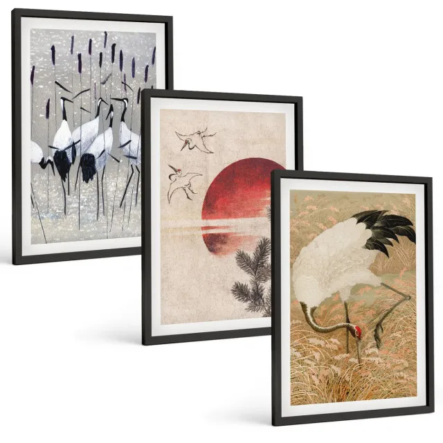 TULUP 4-Delige Schilderij Set - Illustraties van Japanse kraanvogels Japandi Landschap - 40 x 60 cm - Muurdecoratie - Wanddecoratie - Hal - Decoratieve Schilderijen Zwarte lijst